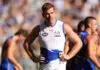 PERTH, AUSTRALIA - MARCH 22: Toby Pink of the Kangaroos looks on during the round two AFL match between West Coast Eagles and North Melbourne Kangaroos at Optus Stadium, on March 22, 2026, in Perth, Australia. (Photo by Paul Kane/Getty Images)