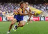 PERTH, AUSTRALIA - MARCH 22: Milan Murdock of the Eagles contests for the ball during the round two AFL match between West Coast Eagles and North Melbourne Kangaroos at Optus Stadium, on March 22, 2026, in Perth, Australia. (Photo by Paul Kane/Getty Images)