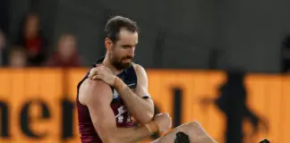 “81 games in three years”: The physical toll of sustained excellence hits the Lions MELBOURNE, AUSTRALIA - MARCH 28: Darcy Gardiner of the Lions is seen injured during the 2026 AFL Round 03 match between the St Kilda Saints and the Brisbane Lions at Marvel Stadium on March 28, 2026 in Melbourne, Australia. (Photo by Michael Willson/AFL Photos via Getty Images)