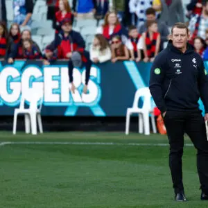 MELBOURNE, AUSTRALIA - MARCH 29: Michael Voss, Senior Coach of the Blues after the game during the 2026 AFL Round 03 match between the Carlton Blues and the Melbourne Demons at the Melbourne Cricket Ground on March 29, 2026 in Melbourne, Australia. (Photo by James Wiltshire/AFL Photos via Getty Images)