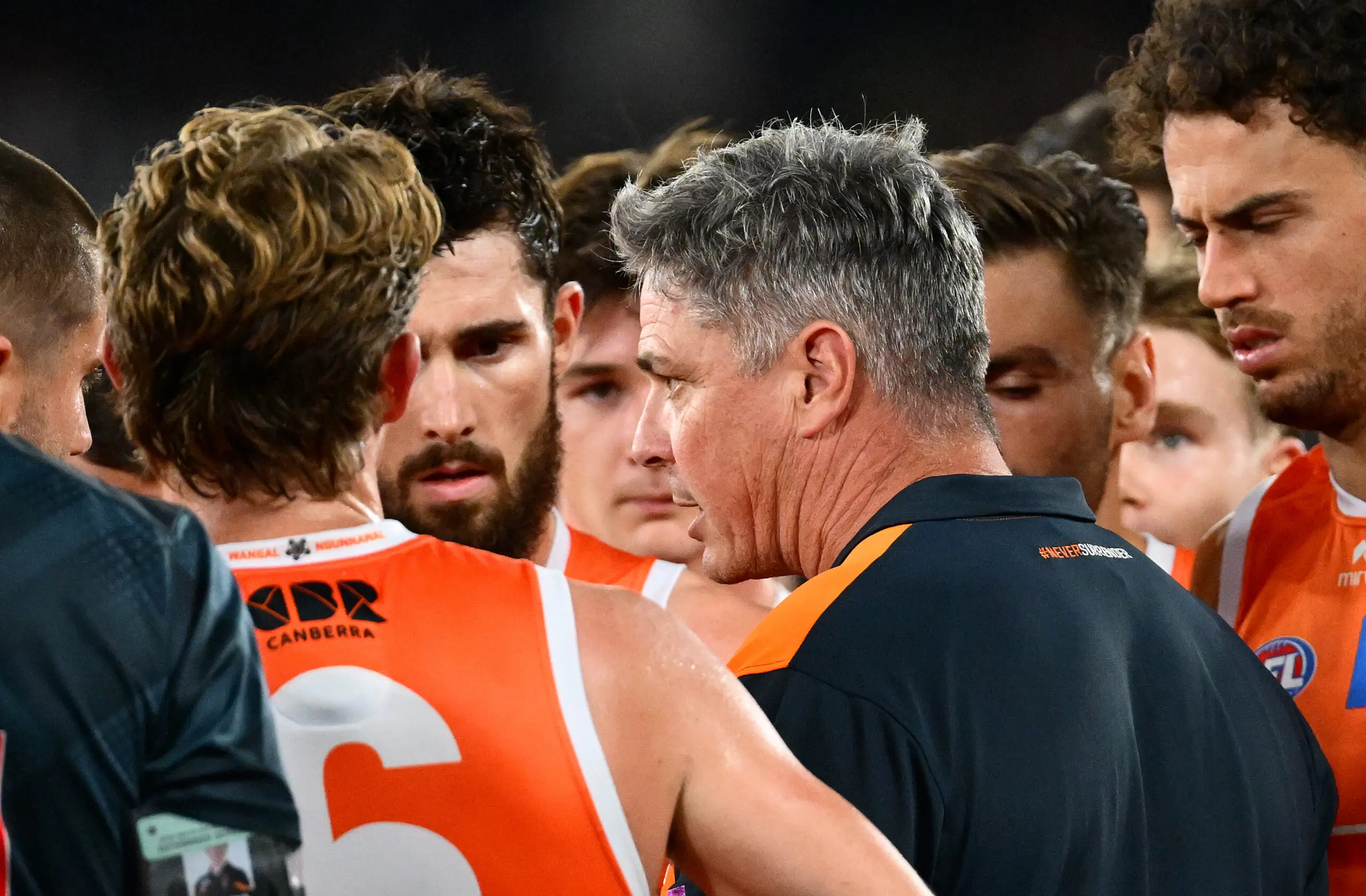 MELBOURNE, AUSTRALIA - MARCH 27: Adam Kingsley, Senior Coach of the Giants talks to his players during the round three AFL match between Collingwood Magpies and Greater Western Sydney Giants at Marvel Stadium, on March 27, 2026, in Melbourne, Australia. (Photo by Quinn Rooney/Getty Images)