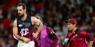 More Brisbane defenders down, but Fagan’s men secure tough first victory MELBOURNE, AUSTRALIA - MARCH 28: Darcy Gardiner of the Lions is helped from the ground by trainers during the round three AFL match between St Kilda Saints and Brisbane Lions at Marvel Stadium, on March 28, 2026, in Melbourne, Australia. (Photo by Quinn Rooney/Getty Images)