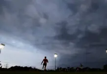 Will lightning strike Opening Round twice? SYDNEY, AUSTRALIA - FEBRUARY 12: Storm clouds roll over the field during the Greater Western Sydney Giants AFL intra-club match at Blacktown International Sportspark on February 12, 2014 in Sydney, Australia. (Photo by Mark Nolan/Getty Images)
