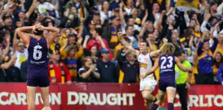 “I claimed I touched it”: West Coast great relives “most intense Derby” PERTH, AUSTRALIA - JULY 24: (L-R) Greg Broughton and Hayden Ballantyne of the Dockers react to being defeated during the round 18 AFL match between the Fremantle Dockers and the West Coast Eagles at Patersons Stadium on July 24, 2011 in Perth, Australia. (Photo by Paul Kane/Getty Images)