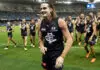 MELBOURNE, AUSTRALIA - APRIL 04: Debutant Luke Parks of the Blues leads the team off the field during the 2021 AFL Round 03 match between the Carlton Blues and the Fremantle Dockers at Marvel Stadium on April 04, 2021 in Melbourne, Australia. (Photo by Michael Willson/AFL Photos via Getty Images)