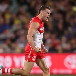 ADELAIDE, AUSTRALIA - APRIL 14: Tom Papley of the Swans celebrates a goal during the 2023 AFL Round 05 match between the Sydney Swans and the Richmond Tigers at Adelaide Oval on April 14, 2023 in Adelaide, Australia. (Photo by Sarah Reed/AFL Photos)