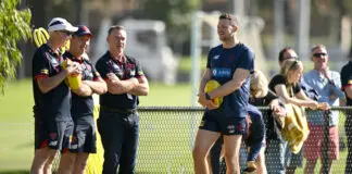 Former Melbourne key figure confirms local footy move MELBOURNE, AUSTRALIA - MARCH 17: Alan Richardson, The Demons General Manager of AFL Football Operations and Steven May of the Demons watch on during a Melbourne Demons AFL training session at Gosch's Paddock on March 17, 2023 in Melbourne, Australia. (Photo by Morgan Hancock/Getty Images)