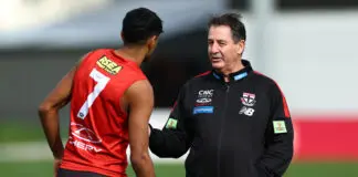 “That’s the model”: Former Saints star backs club’s long-term plan MELBOURNE, AUSTRALIA - JUNE 04: Ross Lyon, Senior Coach of the Saints speaks to Nasiah Wanganeen-Milera of the Saints during a St Kilda Saints AFL training session at RSEA Park on June 04, 2024 in Melbourne, Australia. (Photo by Quinn Rooney/Getty Images)