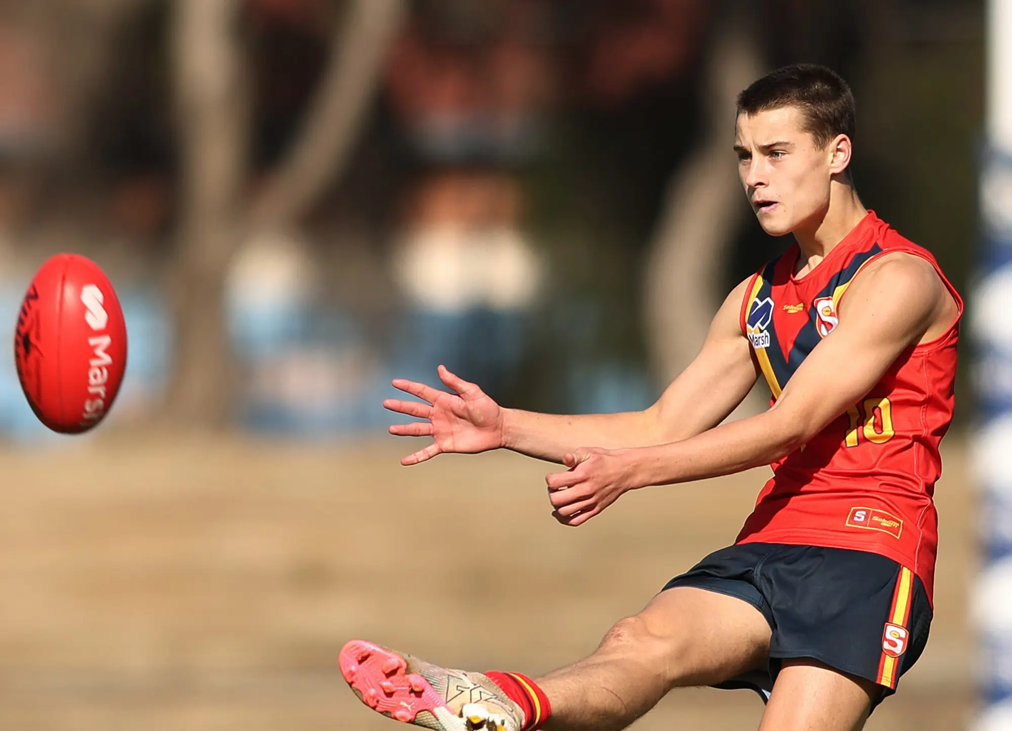 ADELAIDE, AUSTRALIA - JUNE 22: Kodah Edwards of South Australia kicks the ball during the Marsh AFL National Development Championships match between U16 Boys South Australia and Western Australia at Thebarton Oval on June 22, 2024 in Adelaide, Australia. (Photo by Maya Thompson/AFL Photos/via Getty Images)
