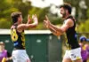PERTH, AUSTRALIA - FEBRUARY 17: Oliver Hayes-Brown of the Tigers celebrates a goal during the 2025 AFL Match Simulation between the West Coast Eagles and the Richmond Tigers at Mineral Resources Park on February 17, 2025 in Perth, Australia. (Photo by Daniel Carson/AFL Photos via Getty Images)