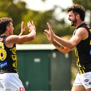 PERTH, AUSTRALIA - FEBRUARY 17: Oliver Hayes-Brown of the Tigers celebrates a goal during the 2025 AFL Match Simulation between the West Coast Eagles and the Richmond Tigers at Mineral Resources Park on February 17, 2025 in Perth, Australia. (Photo by Daniel Carson/AFL Photos via Getty Images)