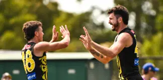 Tigers tall to debut in Gather Round PERTH, AUSTRALIA - FEBRUARY 17: Oliver Hayes-Brown of the Tigers celebrates a goal during the 2025 AFL Match Simulation between the West Coast Eagles and the Richmond Tigers at Mineral Resources Park on February 17, 2025 in Perth, Australia. (Photo by Daniel Carson/AFL Photos via Getty Images)