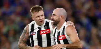 Collingwood veteran ruled out of crunch clash with Carlton MELBOURNE, AUSTRALIA - MARCH 21: Jordan De Goey (left) and Steele Sidebottom of the Magpies are seen during the 2025 AFL Round 02 match between the Footscray Bulldogs and the Collingwood Magpies at the Melbourne Cricket Ground on March 21, 2025 in Melbourne, Australia. (Photo by Michael Willson/AFL Photos via Getty Images)