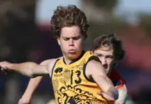 AFL Draft: The “absolutely outstanding” prospect who has now joined the race to be Pick 1 ADELAIDE, AUSTRALIA - JUNE 15: Heath Mellody of Western Australia and Kale Matthews-Hampton of South Australia during the 2025 Marsh AFL National Development Championships U18 Boys match between South Australia and Western Australia at Alberton Oval on June 15, 2025 in Adelaide, Australia. (Photo by David Mariuz/AFL Photos via Getty Images)