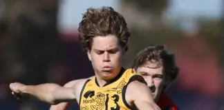 AFL Draft: The “absolutely outstanding” prospect who has now joined the race to be Pick 1 ADELAIDE, AUSTRALIA - JUNE 15: Heath Mellody of Western Australia and Kale Matthews-Hampton of South Australia during the 2025 Marsh AFL National Development Championships U18 Boys match between South Australia and Western Australia at Alberton Oval on June 15, 2025 in Adelaide, Australia. (Photo by David Mariuz/AFL Photos via Getty Images)