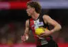 MELBOURNE, AUSTRALIA - JULY 13: Angus Hastie of the Saints runs with the ball during the round 18 AFL match between St Kilda Saints and Sydney Swans at Marvel Stadium on July 13, 2025 in Melbourne, Australia. (Photo by Kelly Defina/AFL Photos/via Getty Images)