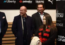 MELBOURNE, AUSTRALIA - JULY 25: Jason Johnson and James Hird, 2000 premiership players during the 2025 AFL Round 20 match between the Essendon Bombers and the Western Bulldogs at Marvel Stadium on July 25, 2025 in Melbourne, Australia. (Photo by James Wiltshire/AFL Photos via Getty Images)