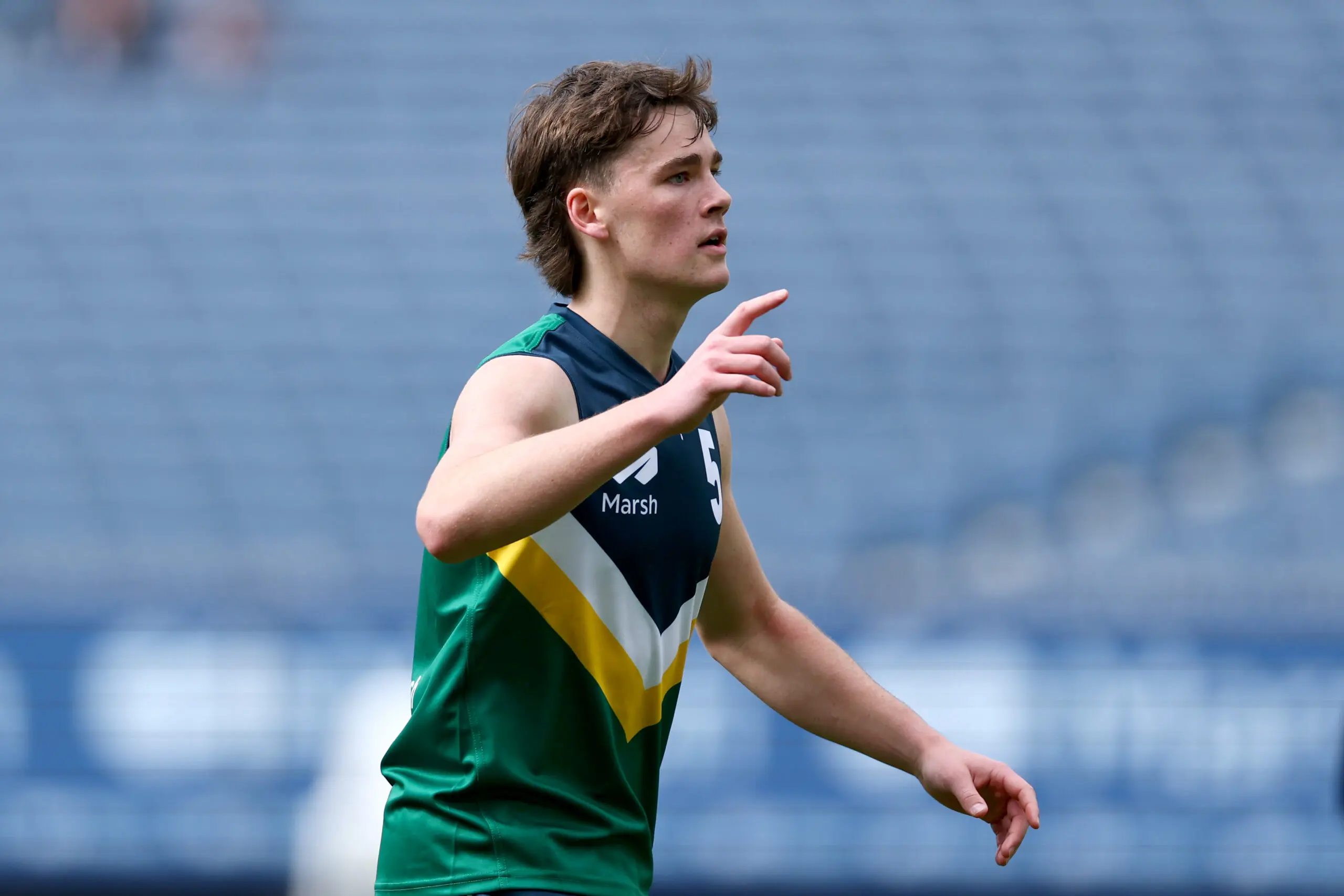 MELBOURNE, AUSTRALIA - SEPTEMBER 27: Jordan Knapp of Team Docherty celebrates kicking a goal during the Marsh AFL National Futures Boys match between Team Boak and Team Docherty at Melbourne Cricket Ground, on September 27, 2025 in Melbourne, Australia. (Photo by Josh Chadwick/AFL Photos/via Getty Images)