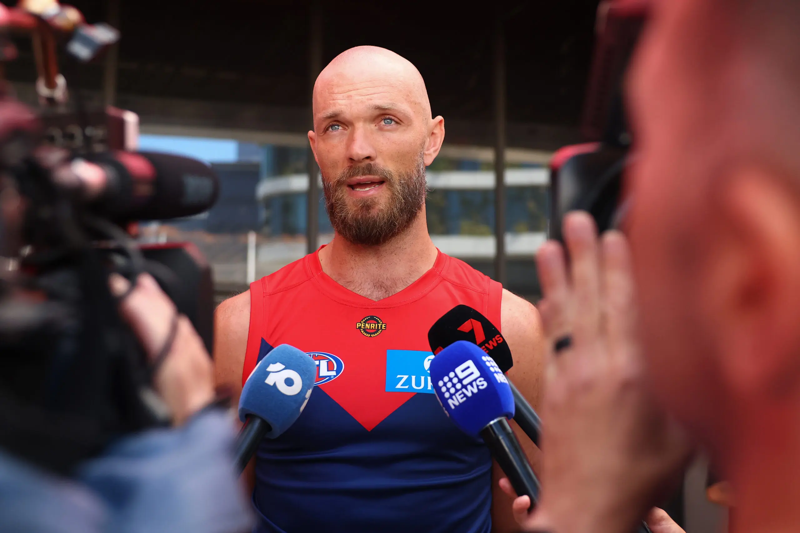 MELBOURNE, AUSTRALIA - FEBRUARY 23: Max Gawn of the Demons speaks to media during 2026 AFL Captain's Day at Marvel Stadium on February 23, 2026 in Melbourne, Australia. (Photo by Daniel Pockett/Getty Images)