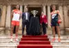 SYDNEY, AUSTRALIA - MARCH 02:  Logan McDonald of the Sydney Swans, AFL CEO Andrew Dillon, Lord Mayor of Sydney Clover Moore and Aaron Cadman of the GWS GIANTS pose with the 2026 AFL Premiership cup at the 2026 AFL Opening Round Media Opportunity at the Sydney Town Hall on March 02, 2026 in Sydney, Australia. (Photo by Mark Kolbe/AFL Photos/via Getty Images)