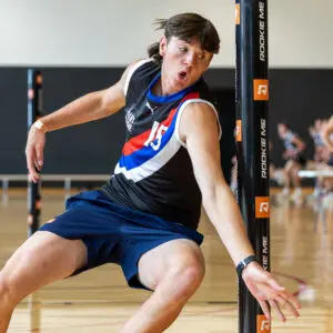 MELBOURNE, AUSTRALIA - MARCH 07: Jake Miller of the Jets completes the AFL agility test during the Talent League Boys 2026 Testing Day at La Trobe University Sports Stadium on March 7th, 2026 in Melbourne, Australia. (Photo by Craig Dooley/AFL Photos via Getty Images)