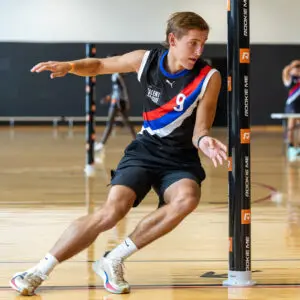 MELBOURNE, AUSTRALIA - MARCH 07: Lachlan Hicks of the Jets completes the AFL agility test during the Talent League Boys 2026 Testing Day at La Trobe University Sports Stadium on March 7th, 2026 in Melbourne, Australia. (Photo by Craig Dooley/AFL Photos via Getty Images)