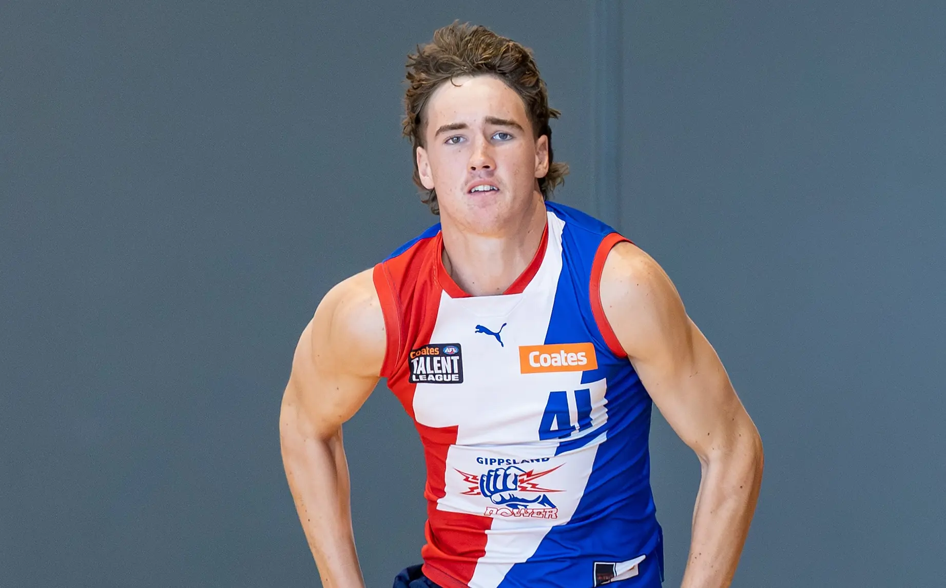 MELBOURNE, AUSTRALIA - MARCH 07: Clancy Snell of the Power completes the 20m sprint test during the Talent League Boys 2026 Testing Day at La Trobe University Sports Stadium on March 7th, 2026 in Melbourne, Australia. (Photo by Craig Dooley/AFL Photos via Getty Images)