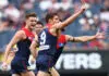 MELBOURNE, AUSTRALIA - MARCH 15: Jack Steele of the Demons celebrates a goal during the 2026 AFL Round 01 match between the Melbourne Demons and the St Kilda Saints at the Melbourne Cricket Ground on March 15, 2026 in Melbourne, Australia. (Photo by James Wiltshire/AFL Photos via Getty Images)