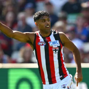 MELBOURNE, AUSTRALIA - MARCH 15: Nasiah Wanganeen-Milera of the Saints celebrates kicking a goal during the round one AFL match between Melbourne Demons and St Kilda Saints at Melbourne Cricket Ground, on March 15, 2026, in Melbourne, Australia. (Photo by Quinn Rooney/Getty Images)