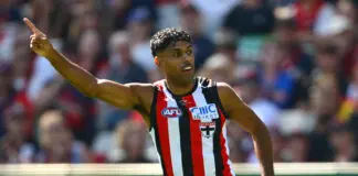 Saints star ruled out with calf strain MELBOURNE, AUSTRALIA - MARCH 15: Nasiah Wanganeen-Milera of the Saints celebrates kicking a goal during the round one AFL match between Melbourne Demons and St Kilda Saints at Melbourne Cricket Ground, on March 15, 2026, in Melbourne, Australia. (Photo by Quinn Rooney/Getty Images)