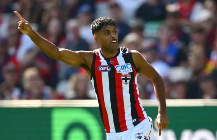 MELBOURNE, AUSTRALIA - MARCH 15: Nasiah Wanganeen-Milera of the Saints celebrates kicking a goal during the round one AFL match between Melbourne Demons and St Kilda Saints at Melbourne Cricket Ground, on March 15, 2026, in Melbourne, Australia. (Photo by Quinn Rooney/Getty Images)