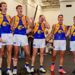 ADELAIDE, AUSTRALIA - MARCH 29: Eagles players sing the song after the win during the 2026 AFL Round 03 match between the Port Adelaide Power and the West Coast Eagles at Adelaide Oval on March 29, 2026 in Adelaide, Australia. (Photo by Sarah Reed/AFL Photos via Getty Images)