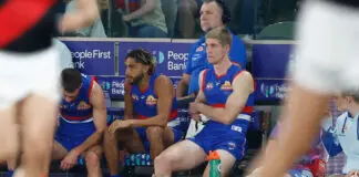 Western Bulldogs sweat on injuries to key trio MELBOURNE, AUSTRALIA - APRIL 05: Arthur Jones (left) and Tim English of the Bulldogs are seen on the bench after injuries during the 2026 AFL Round 04 match between the Western Bulldogs and the Essendon Bombers at Marvel Stadium on April 5, 2026 in Melbourne, Australia. (Photo by Michael Willson/AFL Photos via Getty Images)
