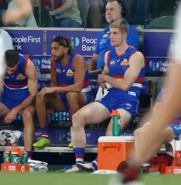 Western Bulldogs ruck’s injury timeline confirmed as debutant named MELBOURNE, AUSTRALIA - APRIL 05: Arthur Jones (left) and Tim English of the Bulldogs are seen on the bench after injuries during the 2026 AFL Round 04 match between the Western Bulldogs and the Essendon Bombers at Marvel Stadium on April 5, 2026 in Melbourne, Australia. (Photo by Michael Willson/AFL Photos via Getty Images)
