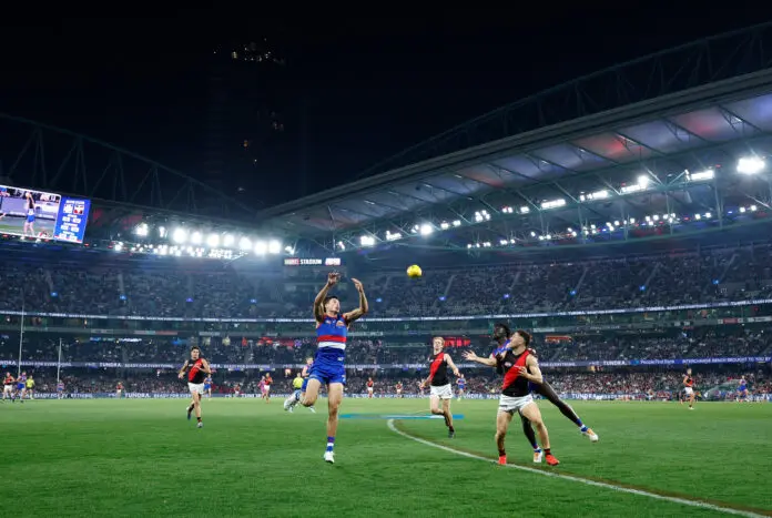 MELBOURNE, AUSTRALIA - APRIL 05: A general view as the roof is seen open during the 2026 AFL Round 04 match between the Western Bulldogs and the Essendon Bombers at Marvel Stadium on April 5, 2026 in Melbourne, Australia. (Photo by Michael Willson/AFL Photos via Getty Images)