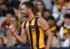 MELBOURNE, AUSTRALIA - APRIL 06: Jack Gunston of the Hawks celebrates a goal during the 2026 AFL Round 04 match between the Hawthorn Hawks and the Geelong Cats at the Melbourne Cricket Ground on April 6, 2026 in Melbourne, Australia. (Photo by Michael Willson/AFL Photos via Getty Images)