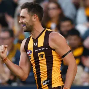 MELBOURNE, AUSTRALIA - APRIL 06: Jack Gunston of the Hawks celebrates a goal during the 2026 AFL Round 04 match between the Hawthorn Hawks and the Geelong Cats at the Melbourne Cricket Ground on April 6, 2026 in Melbourne, Australia. (Photo by Michael Willson/AFL Photos via Getty Images)