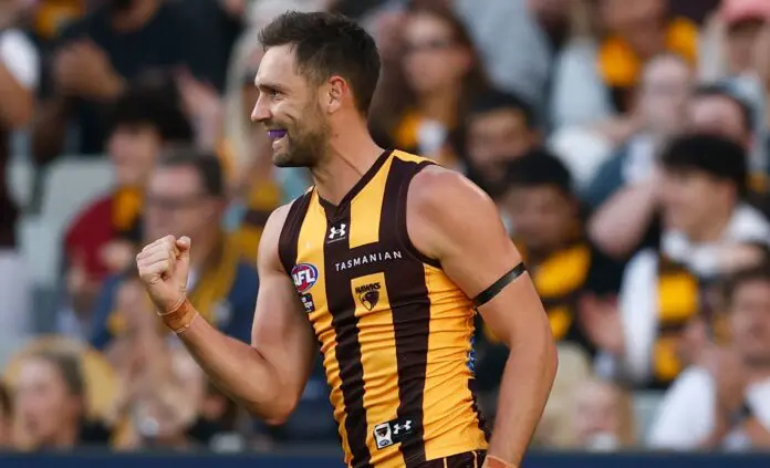 MELBOURNE, AUSTRALIA - APRIL 06: Jack Gunston of the Hawks celebrates a goal during the 2026 AFL Round 04 match between the Hawthorn Hawks and the Geelong Cats at the Melbourne Cricket Ground on April 6, 2026 in Melbourne, Australia. (Photo by Michael Willson/AFL Photos via Getty Images)