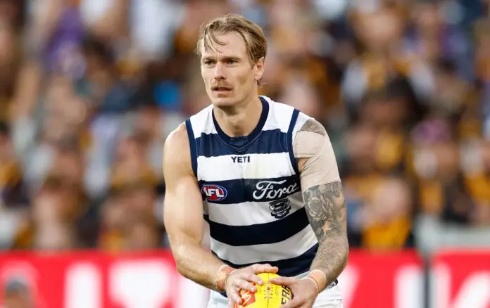 MELBOURNE, AUSTRALIA - APRIL 06: Tom Stewart of the Cats in action during the 2026 AFL Round 04 match between the Hawthorn Hawks and the Geelong Cats at the Melbourne Cricket Ground on April 6, 2026 in Melbourne, Australia. (Photo by Michael Willson/AFL Photos via Getty Images)