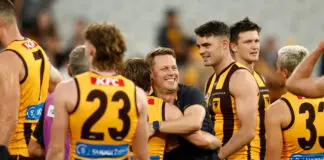 Footy arrives in earnest with Easter Monday classic MELBOURNE, AUSTRALIA - APRIL 06: Sam Mitchell, Senior Coach of the Hawks celebrates with his players during the 2026 AFL Round 04 match between the Hawthorn Hawks and the Geelong Cats at the Melbourne Cricket Ground on April 6, 2026 in Melbourne, Australia. (Photo by Michael Willson/AFL Photos via Getty Images)