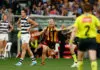 MELBOURNE, AUSTRALIA - APRIL 06: Jack Ginnivan of the Hawks speaks with umpires after the 2026 AFL Round 04 match between the Hawthorn Hawks and the Geelong Cats at the Melbourne Cricket Ground on April 6, 2026 in Melbourne, Australia. (Photo by Michael Willson/AFL Photos via Getty Images)