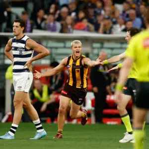 MELBOURNE, AUSTRALIA - APRIL 06: Jack Ginnivan of the Hawks speaks with umpires after the 2026 AFL Round 04 match between the Hawthorn Hawks and the Geelong Cats at the Melbourne Cricket Ground on April 6, 2026 in Melbourne, Australia. (Photo by Michael Willson/AFL Photos via Getty Images)