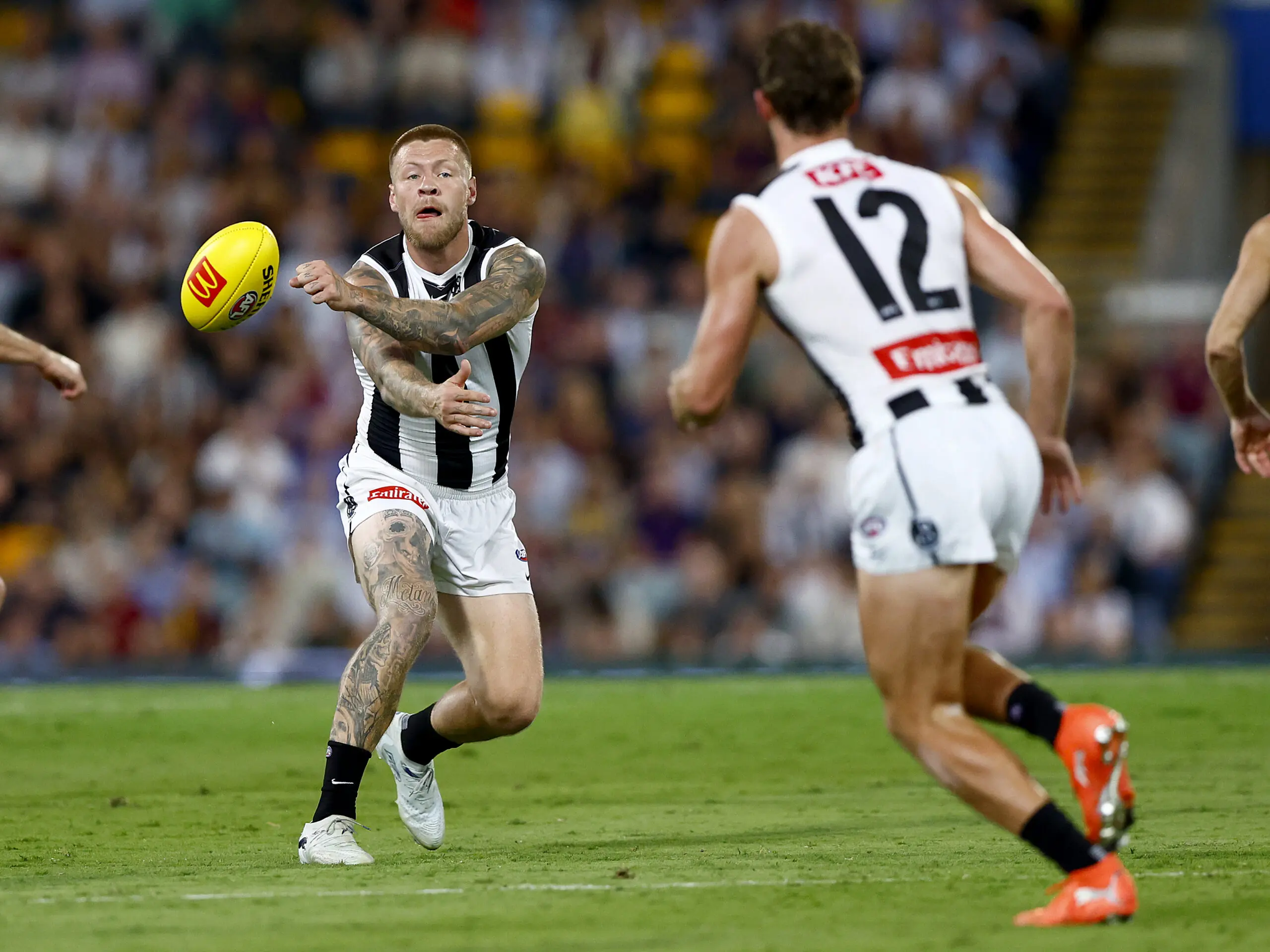 BRISBANE, AUSTRALIA - APRIL 02: Jordan De Goey of the Magpies in action during the round four AFL match between Brisbane Lions and Collingwood Magpies at The Gabba, on April 02, 2026, in Brisbane, Australia. (Photo by Russell Freeman/AFL Photos via Getty Images)