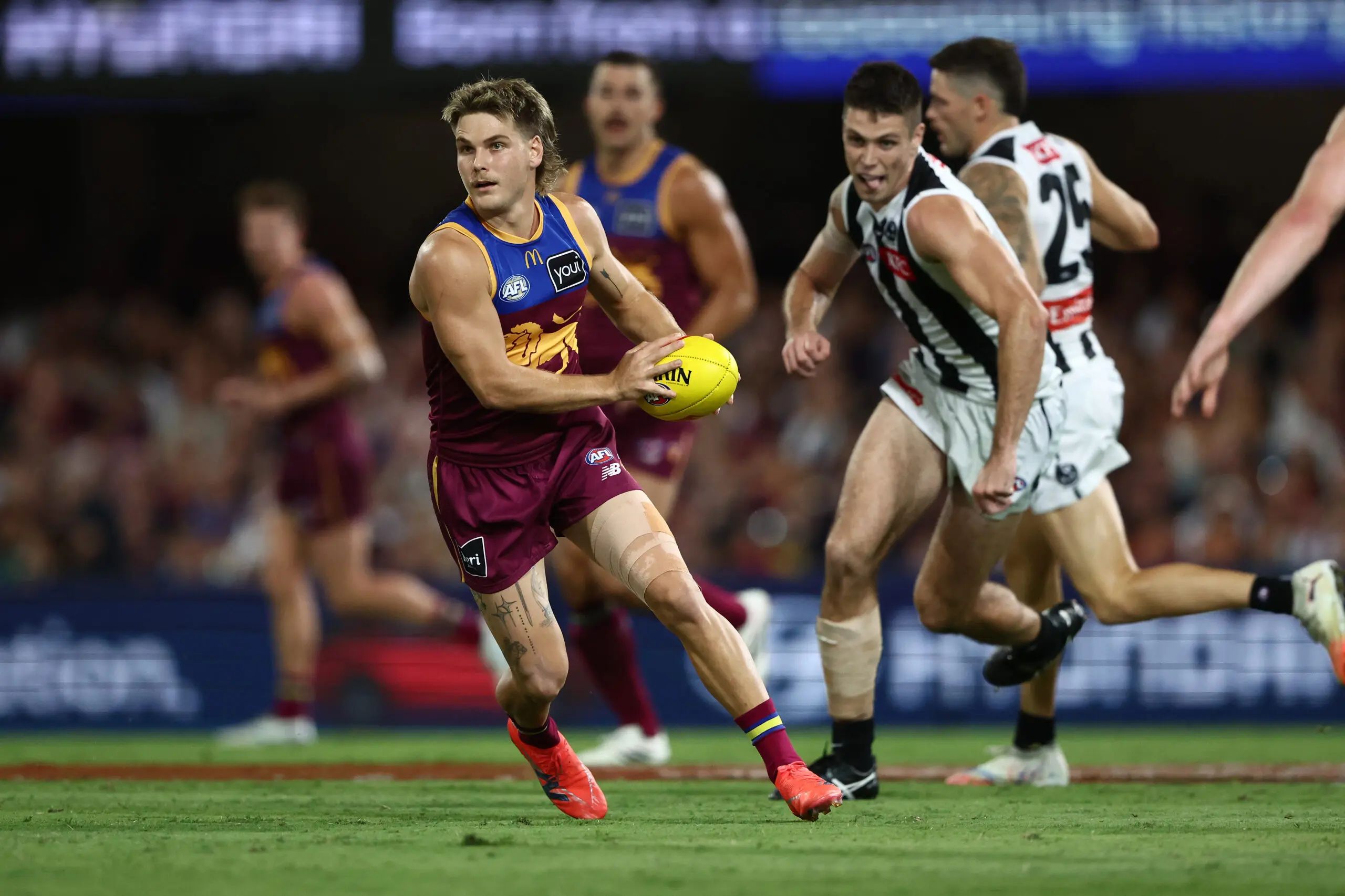 BRISBANE, AUSTRALIA - APRIL 02: Will Ashcroft of the Lions in action during the round four AFL match between Brisbane Lions and Collingwood Magpies at The Gabba, on April 02, 2026, in Brisbane, Australia. (Photo by Chris Hyde/AFL Photos/via Getty Images)