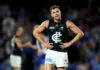 MELBOURNE, AUSTRALIA - APRIL 03: Will Hayward of the Blues looks dejected after losing the round four AFL match between North Melbourne Kangaroos and Carlton Blues at Marvel Stadium, on April 03, 2026, in Melbourne, Australia. (Photo by Josh Chadwick/AFL Photos/via Getty Images)