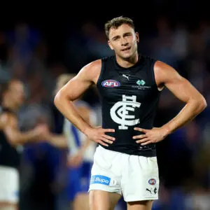 MELBOURNE, AUSTRALIA - APRIL 03: Will Hayward of the Blues looks dejected after losing the round four AFL match between North Melbourne Kangaroos and Carlton Blues at Marvel Stadium, on April 03, 2026, in Melbourne, Australia. (Photo by Josh Chadwick/AFL Photos/via Getty Images)
