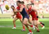 MELBOURNE, AUSTRALIA - APRIL 05: Jack Steele of the Demons handballs during the round four AFL match between Melbourne Demons and Gold Coast Suns at Melbourne Cricket Ground, on April 05, 2026, in Melbourne, Australia. (Photo by Quinn Rooney/Getty Images)