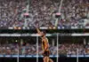 MELBOURNE, AUSTRALIA - APRIL 06: Jack Gunston of the Hawks celebrates a goal during the round four AFL match between Hawthorn Hawks and Geelong Cats at Melbourne Cricket Ground, on April 06, 2026, in Melbourne, Australia. (Photo by Morgan Hancock/AFL Photos/via Getty Images)