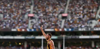 Hawthorn downplays matchwinner, captain’s injury in brutal win MELBOURNE, AUSTRALIA - APRIL 06: Jack Gunston of the Hawks celebrates a goal during the round four AFL match between Hawthorn Hawks and Geelong Cats at Melbourne Cricket Ground, on April 06, 2026, in Melbourne, Australia. (Photo by Morgan Hancock/AFL Photos/via Getty Images)