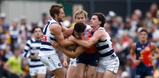 Geelong gun to be assessed for full ACL tear ADELAIDE, AUSTRALIA - APRIL 12: Liam Duggan of the Eagles is tackled by Tom Atkins (left) and Gryan Miers of the Cats during the 2026 AFL Round 05 match between the Geelong Cats and the West Coast Eagles at Norwood Oval on April 12, 2026 in Adelaide, Australia. (Photo by Michael Willson/AFL Photos via Getty Images)